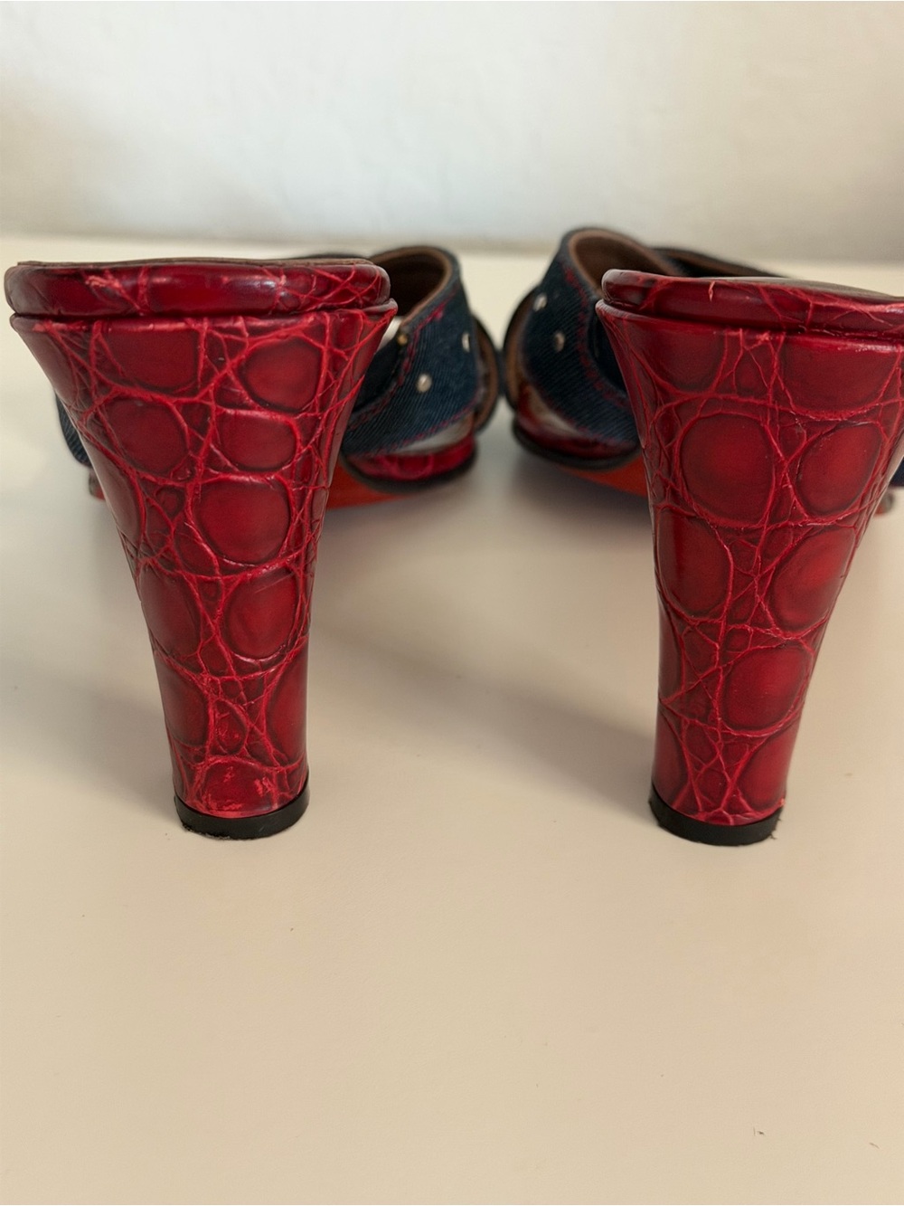 Donald J. Pliner | Red Croc-Embossed Denim Stud Mid-Heels - Picture 5 of 13